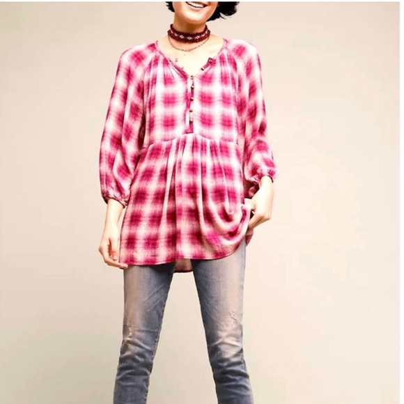 Anthro Maeve Calavon pink plaid checked button flowy top - Picture 9 of 9